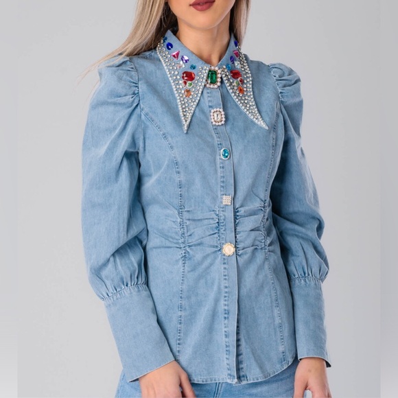 NEW WOMEN’S DENIM DIAMOND BEADED SHIRT - Picture 5 of 7